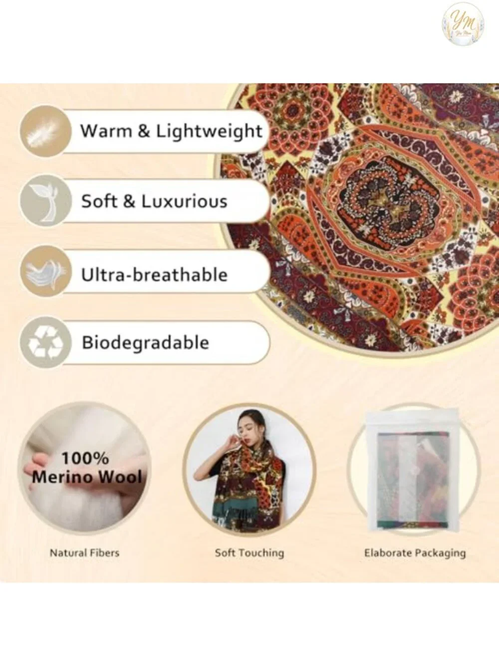 100% Merino Wool Pashmina Shawl Wrap Large Handmade Tassel Wraps for Women
